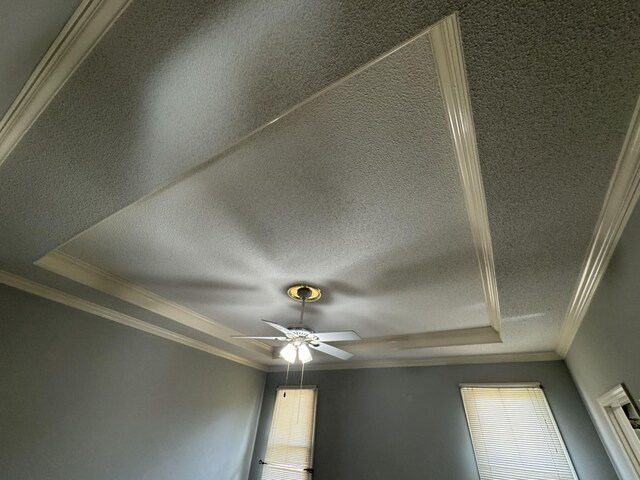 room details with ceiling fan, ornamental molding, a tray ceiling, and a textured ceiling