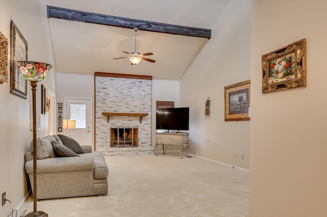 living room featuring ceiling fan, high vaulted ceiling, a fireplace, baseboards, and carpet