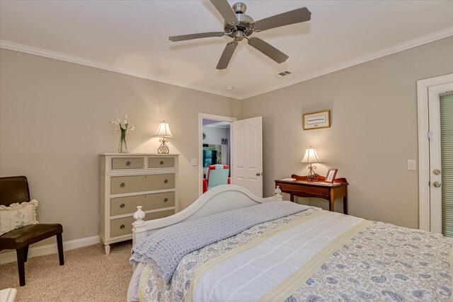 203 Jacque Cir, Mccormick, SC 29835 - bedroom with light colored carpet, crown molding, baseboards, and a ceiling fan