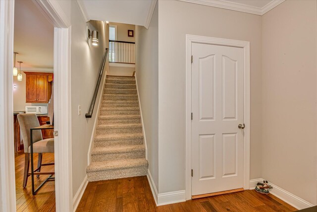 203 Jacque Cir, Mccormick, SC 29835 - stairway with wood finished floors, baseboards, and ornamental molding