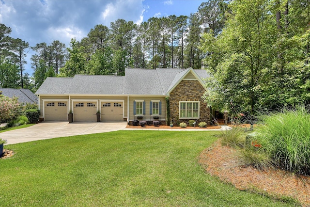 203 Jacque Cir, Mccormick, SC 29835 - craftsman house featuring stone siding, an attached garage, concrete driveway, a front yard, and a shingled roof