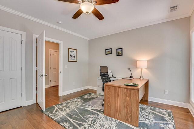 203 Jacque Cir, Mccormick, SC 29835 - office area featuring ceiling fan, wood finished floors, ornamental molding, and baseboards