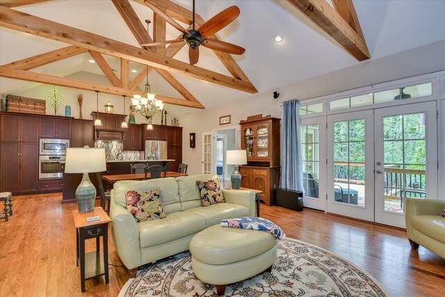 203 Jacque Cir, Mccormick, SC 29835 - living area with high vaulted ceiling, beam ceiling, french doors, a chandelier, and recessed lighting