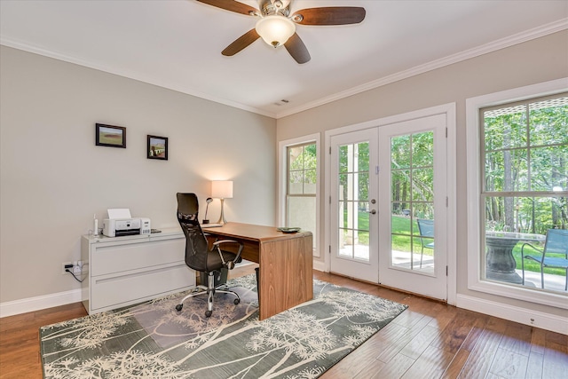 203 Jacque Cir, Mccormick, SC 29835 - office area with french doors, crown molding, baseboards, wood finished floors, and a ceiling fan