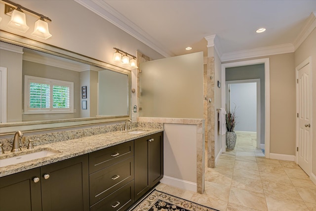 203 Jacque Cir, Mccormick, SC 29835 - full bathroom with crown molding, double vanity, a tile shower, marble look tile flooring, and baseboards