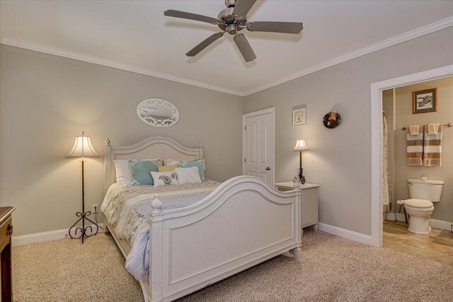 203 Jacque Cir, Mccormick, SC 29835 - bedroom with ornamental molding, baseboards, ensuite bathroom, light colored carpet, and ceiling fan
