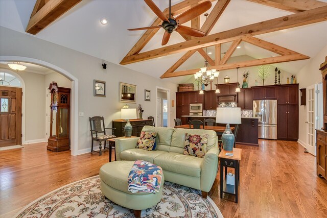 203 Jacque Cir, Mccormick, SC 29835 - living area with a chandelier, recessed lighting, arched walkways, high vaulted ceiling, and beam ceiling