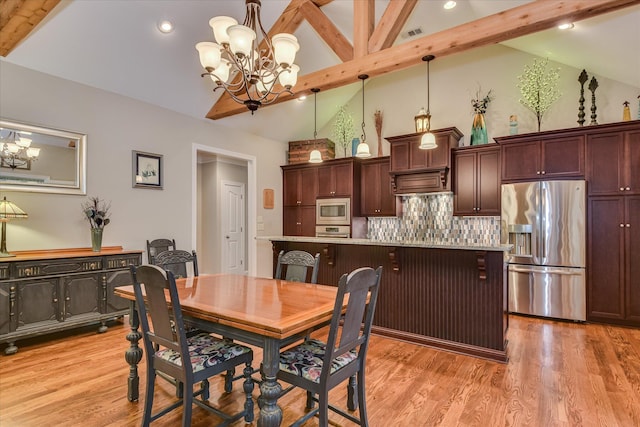 203 Jacque Cir, Mccormick, SC 29835 - dining room with a chandelier, beamed ceiling, light wood finished floors, high vaulted ceiling, and recessed lighting