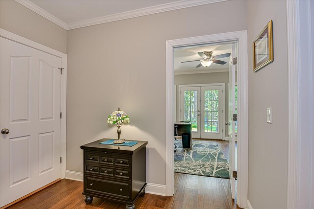 203 Jacque Cir, Mccormick, SC 29835 - hallway featuring wood finished floors, baseboards, crown molding, and french doors