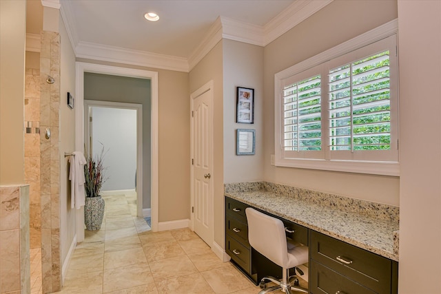 203 Jacque Cir, Mccormick, SC 29835 - unfurnished office with crown molding, built in desk, baseboards, recessed lighting, and light marble finish floors