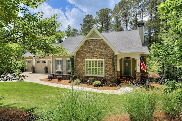 203 Jacque Cir, Mccormick, SC 29835 - craftsman house with stone siding, a shingled roof, a front lawn, concrete driveway, and a chimney