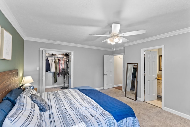 bedroom featuring light colored carpet, baseboards, and ornamental molding