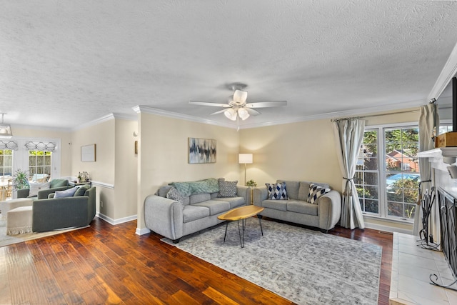 living area with plenty of natural light, ornamental molding, a fireplace, and wood-type flooring