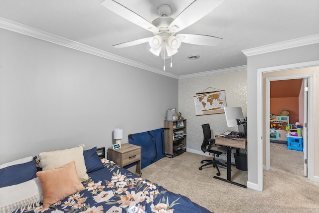 bedroom featuring baseboards, carpet, and crown molding