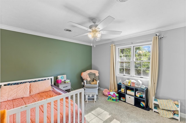 bedroom featuring visible vents, ceiling fan, baseboards, and ornamental molding