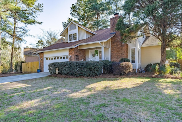 view of front facade featuring fence, concrete driveway, a front yard, brick siding, and a chimney