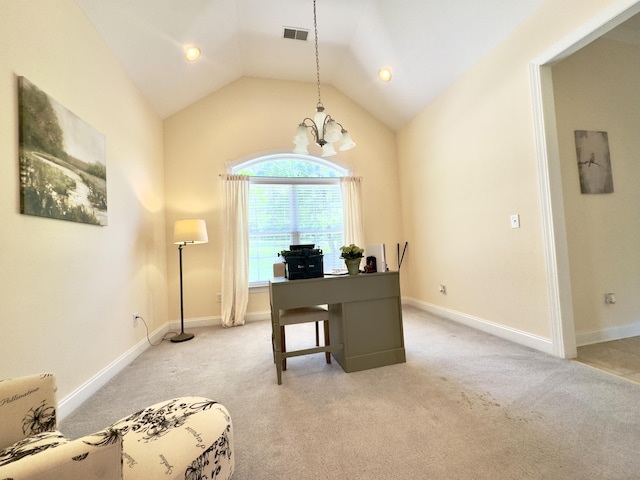 114 Hamilton Ln, Mccormick, SC 29835 - office area featuring light colored carpet, lofted ceiling, a chandelier, and baseboards