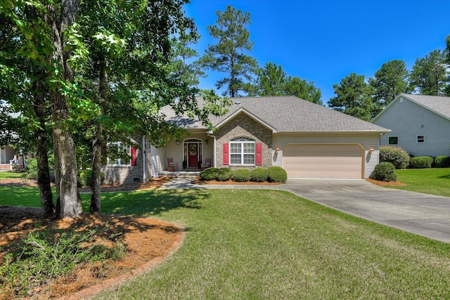 ranch-style home featuring a front yard and a garage