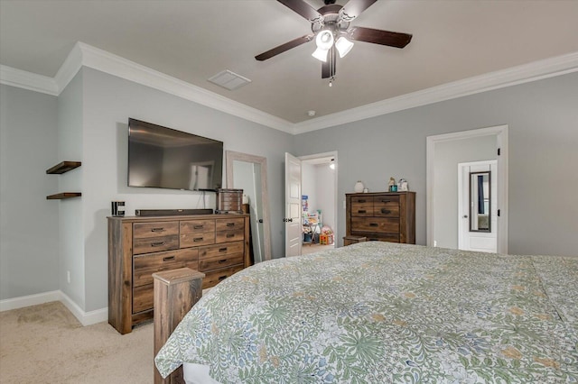 bedroom with ceiling fan, crown molding, and light carpet