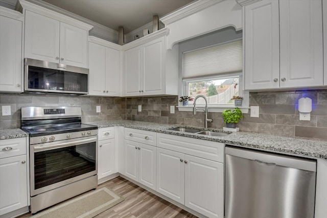 kitchen featuring decorative backsplash, white cabinetry, sink, and appliances with stainless steel finishes