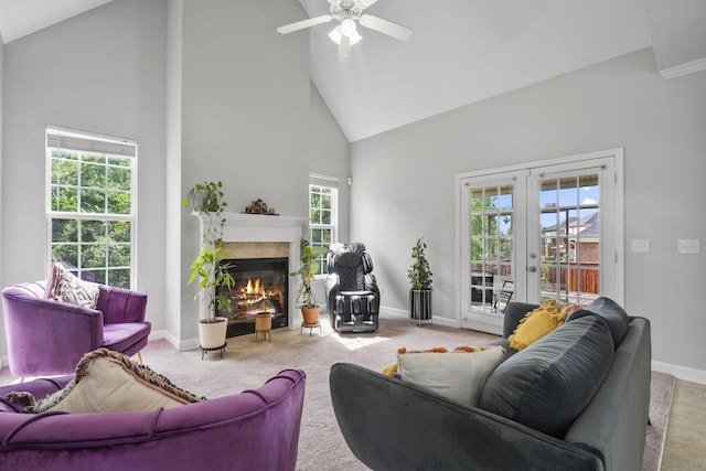1629 Jamestown Ave, Evans, GA 30809 - living area with high vaulted ceiling, french doors, a high end fireplace, baseboards, and ceiling fan