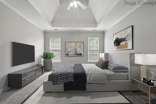 1629 Jamestown Ave, Evans, GA 30809 - carpeted bedroom featuring a tray ceiling, multiple windows, ceiling fan, ornamental molding, and baseboards