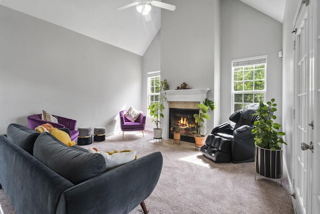 1629 Jamestown Ave, Evans, GA 30809 - living area with carpet floors, high vaulted ceiling, ceiling fan, and a fireplace with flush hearth