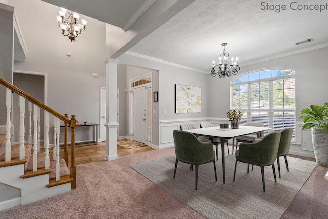 1629 Jamestown Ave, Evans, GA 30809 - dining room featuring a chandelier, stairway, ornamental molding, decorative columns, and baseboards