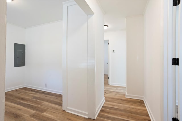 hallway with ornamental molding, hardwood / wood-style floors, and electric panel