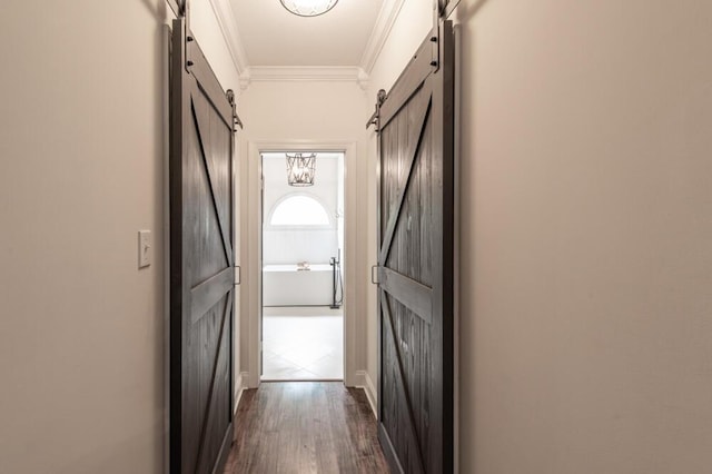 184 Deer Springs Rd, Clarks Hill, SC 29821 - hall featuring a barn door, crown molding, and dark wood-style floors