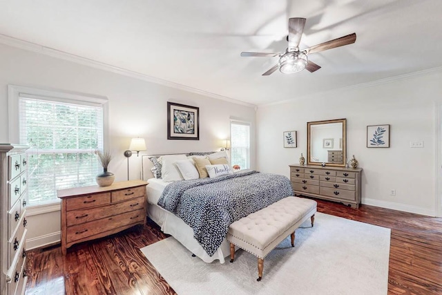 184 Deer Springs Rd, Clarks Hill, SC 29821 - bedroom with crown molding, multiple windows, dark wood-style floors, baseboards, and ceiling fan