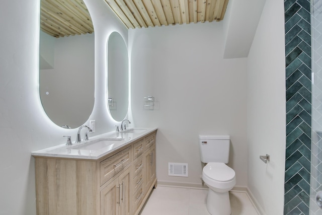 full bath with a sink, wooden ceiling, toilet, and visible vents