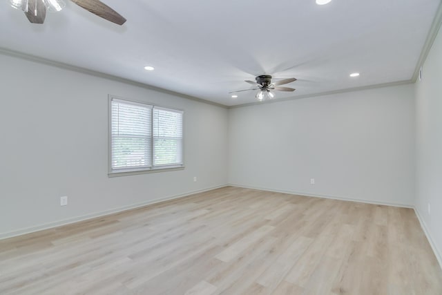 unfurnished room with ornamental molding, a ceiling fan, recessed lighting, and light wood-style flooring