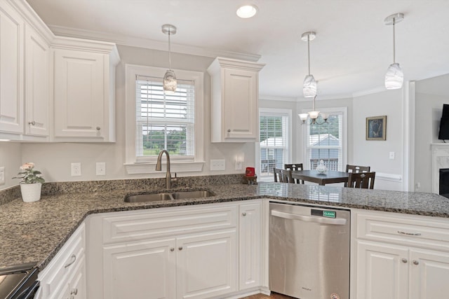 1009 Neilson St, Aiken, SC 29803 - kitchen with dishwasher, a sink, white cabinets, ornamental molding, and plenty of natural light