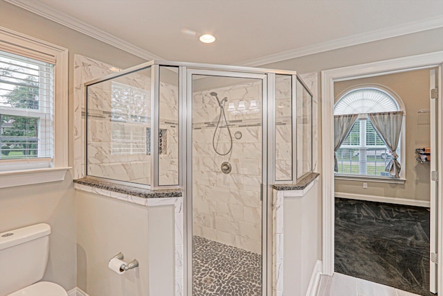 1009 Neilson St, Aiken, SC 29803 - full bath with toilet, baseboards, a shower stall, and crown molding