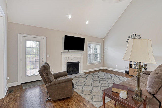 1009 Neilson St, Aiken, SC 29803 - living room with healthy amount of natural light, a fireplace, wood finished floors, baseboards, and high vaulted ceiling
