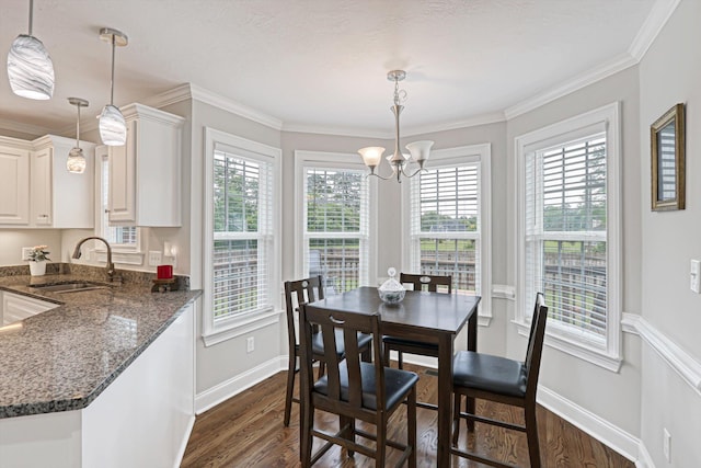1009 Neilson St, Aiken, SC 29803 - dining space featuring dark wood-style flooring, baseboards, a chandelier, and ornamental molding