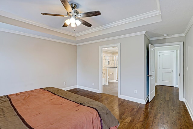 1009 Neilson St, Aiken, SC 29803 - bedroom with wood finished floors, ornamental molding, baseboards, a raised ceiling, and a ceiling fan