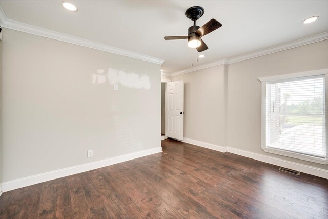 1543 Wrens Hwy, Thomson, GA 30824 - empty room featuring visible vents, ornamental molding, dark wood-style flooring, baseboards, and a ceiling fan