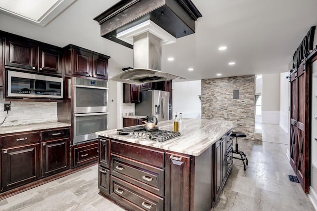 1543 Wrens Hwy, Thomson, GA 30824 - kitchen with decorative backsplash, a kitchen island, recessed lighting, island exhaust hood, and stainless steel appliances