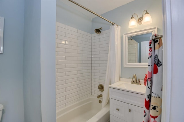 full bathroom with toilet, shower / tub combo with curtain, and vanity