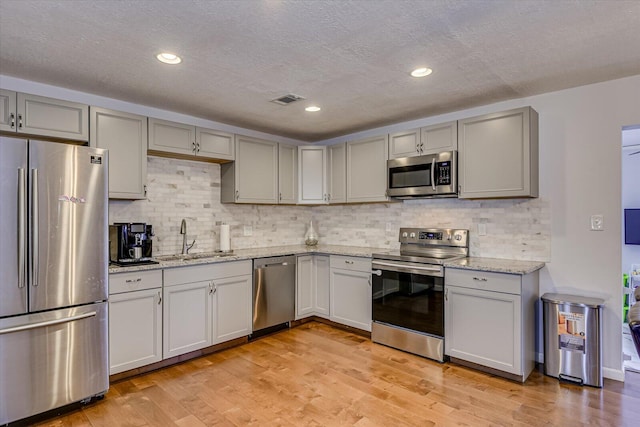 kitchen featuring light wood-style floors, appliances with stainless steel finishes, a sink, and gray cabinetry