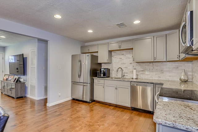 kitchen with a sink, visible vents, appliances with stainless steel finishes, light wood-type flooring, and backsplash