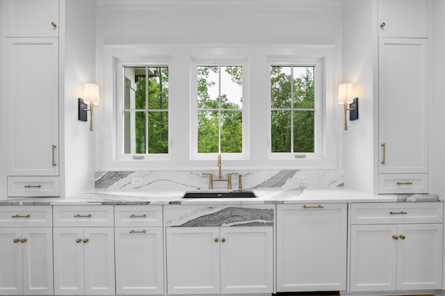 845 Audubon Way, Evans, GA 30809 - kitchen featuring a sink, white cabinets, plenty of natural light, ornamental molding, and light stone countertops