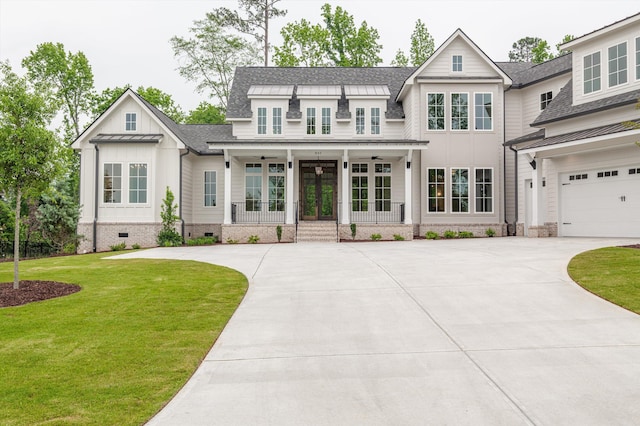 845 Audubon Way, Evans, GA 30809 - modern farmhouse featuring french doors, board and batten siding, a front yard, driveway, and roof with shingles