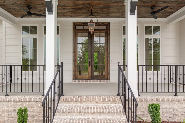845 Audubon Way, Evans, GA 30809 - view of exterior entry with a ceiling fan, french doors, and covered porch