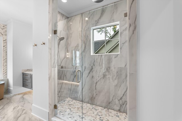 845 Audubon Way, Evans, GA 30809 - full bathroom featuring a marble finish shower, marble finish floors, vanity, and ornamental molding