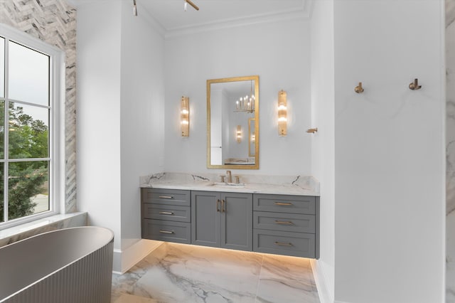 845 Audubon Way, Evans, GA 30809 - full bath featuring marble finish flooring, crown molding, vanity, a soaking tub, and baseboards