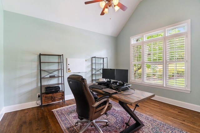 460 Armstrong Way, Evans, GA 30809 - office area featuring a ceiling fan, high vaulted ceiling, and wood finished floors