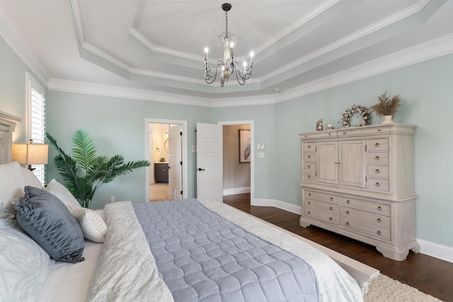 460 Armstrong Way, Evans, GA 30809 - bedroom with a chandelier, a raised ceiling, dark wood-style flooring, crown molding, and ensuite bathroom
